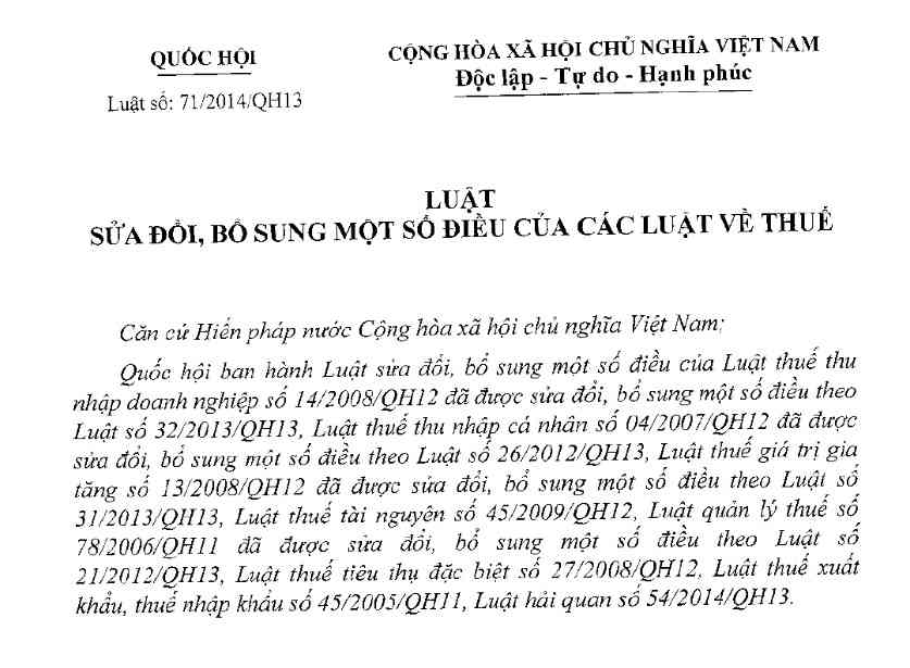 Luật số 71/2014/QH13 Sửa đổi, bổ sung một số điều của Luật thuế