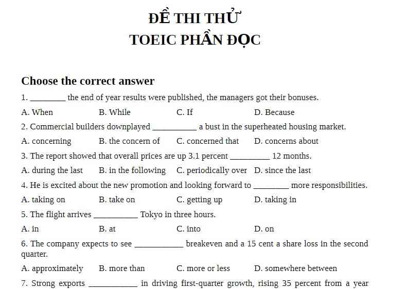 TOEIC Reading - một số bài thi thử có đáp án