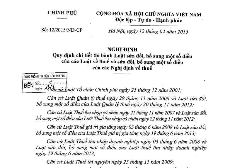 Nghị định 12/2015/NĐ-CP hành Luật sửa đổi, bổ sung một số điều tại các Luật về thuế và sửa đổi