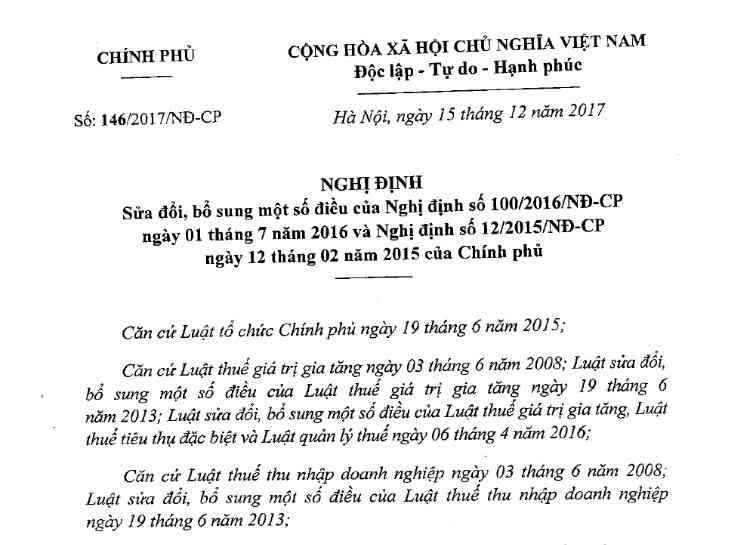 Nghị định 146/2017/NĐ-CP vào ngày 15/12/2017 sửa đổi quy định về Thuế GTGT và Thuế TNDN