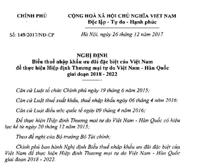 Nghị định 149/2017/NĐ-CP về biểu thuế NK ưu đãi