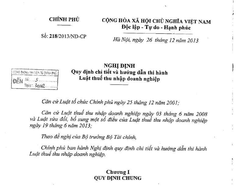Nghị định 218/2013/NĐ-CP quy định chi tiết và hướng dẫn thi hành Luật thuế thu nhập doanh nghiệp.