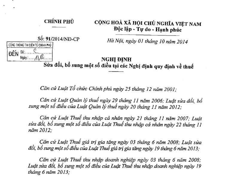 Nghị định 91/2014/NĐ-CP sửa đổi, bổ sung một số điều tại các Nghị định quy định về thuế.