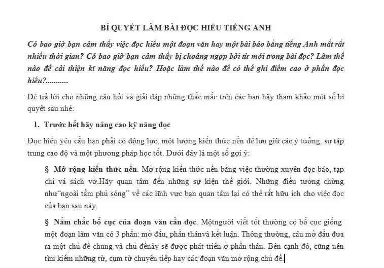 Hướng dẫn cách làm bài đọc hiểu trong Tiếng Anh