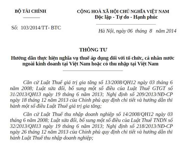 Thông tư 103/2014/TT-BTC quy định mới về thuế nhà thầu