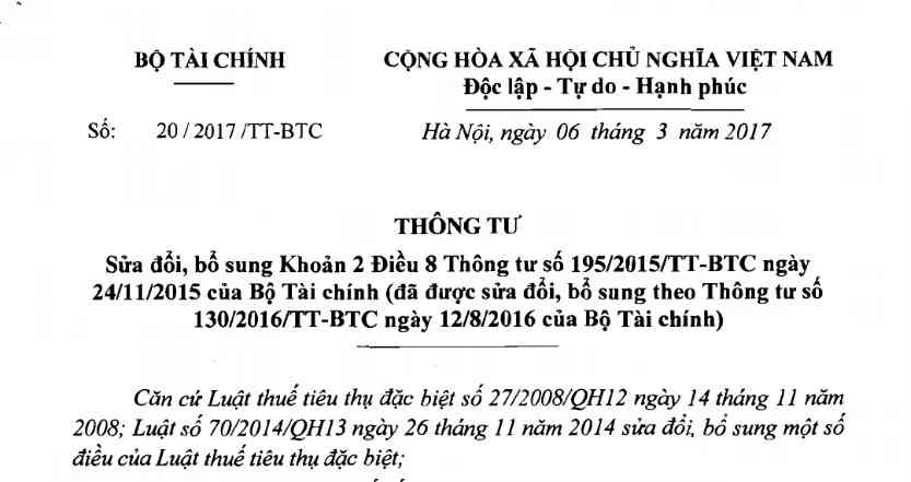 Thông tư 20/2017/TT-BTC ban hành ngày 06/03/2017