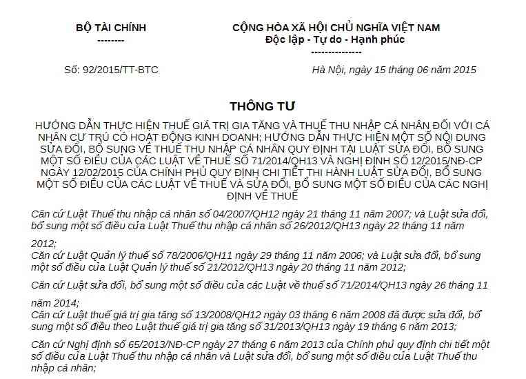Thông tư 92/2015/TT-BTC