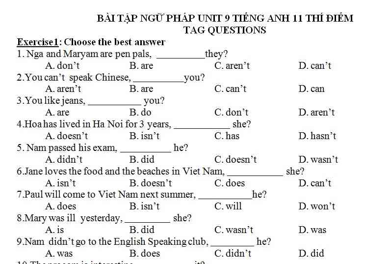 Bài luyện tập tiếng Anh lớp 11 bài số 3.1
