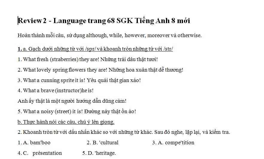 Hướng dẫn GBT Tiếng Anh lớp 8 bài ôn tập số 2 trang 68