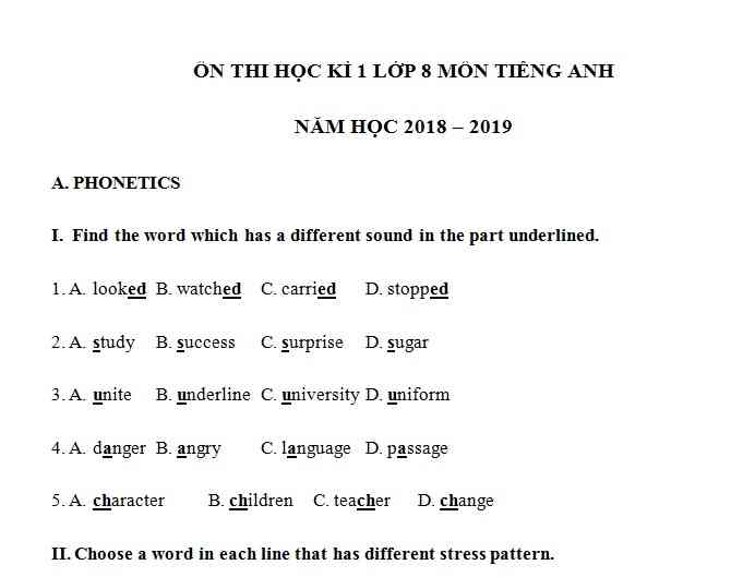 Tiếng Anh 8 - đề cương ôn tập kỳ 1 niên khóa 2018